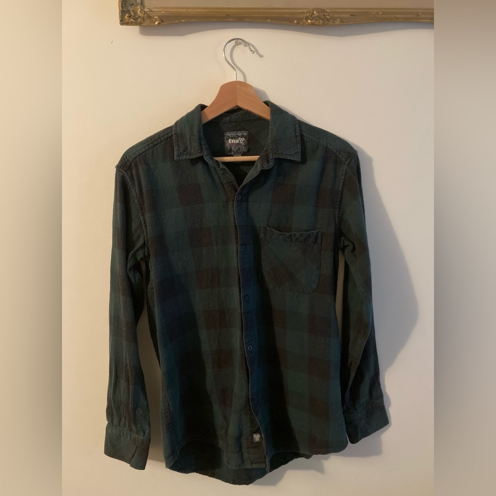 Vintage TNA Aritzia Faded Green Plaid Shirt Boyfriend Fit Size XS Green Flannel
